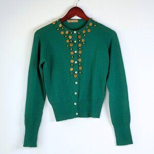 Vintage 50s 60s Pure Scottish Cashmere Emerald Green Cardigan Gold Coin Academia